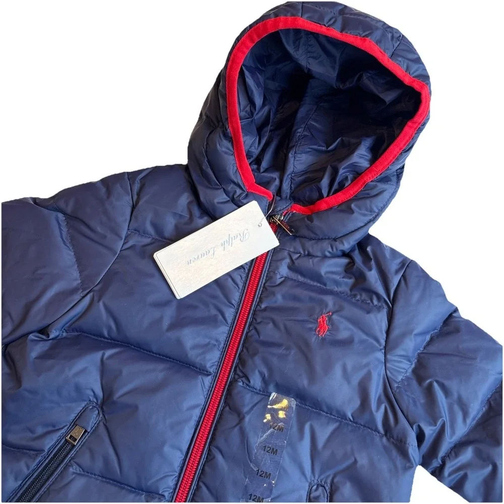 POLO RALPH LAUREN Down Puffer Jacket Blue/Red Trim Water Repellent Size 12 M